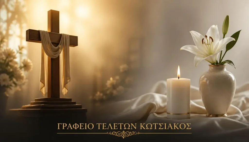 Μια γαλήνια εικόνα που απεικονίζει τις διαφορεσ πολιτικης και θρησκευτικης κηδειας και τελετουργικο, με την υπογραφή Γραφείο Τελετών Κωτσιάκος.