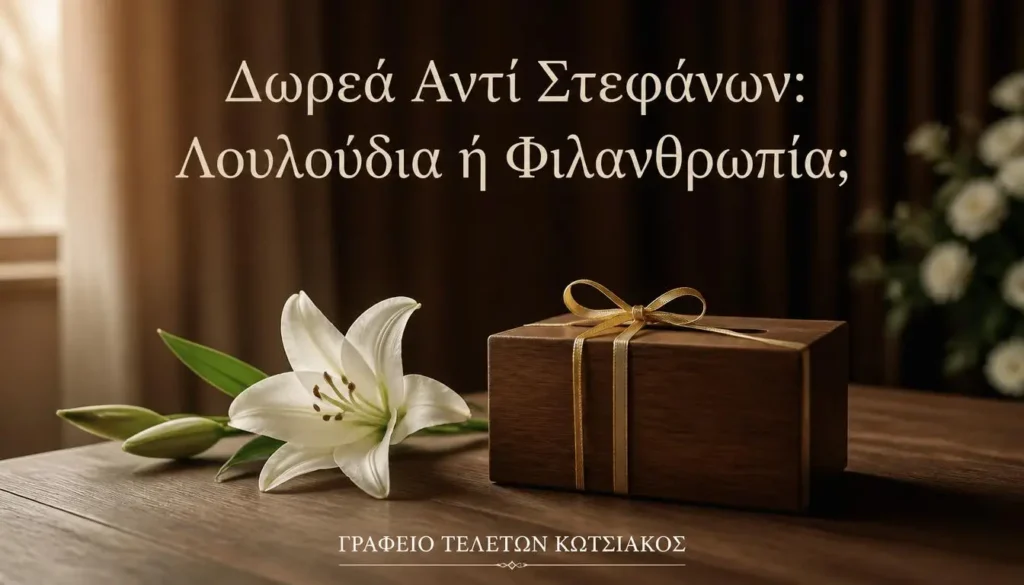 Λευκό λουλούδι δίπλα σε κουτί δωρεών, συμβολισμός δωρεάς αντί στεφάνων σε κηδεία