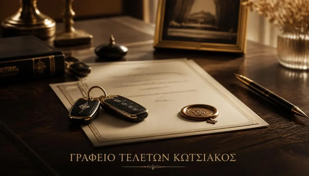 Μια όμορφη εικόνα με κλειδιά οχήματος σε έγγραφα, συμβολίζοντας τη μεταβίβαση αυτοκινήτου θανόντος, με την υπογραφή Γραφείο Τελετών Κωτσιάκος.