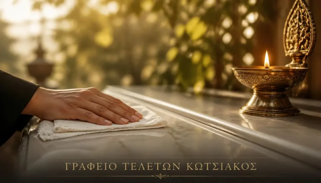 Μια γαλήνια εικόνα που δείχνει τη σωστή περιποίηση μνήματος και το άναμμα του καντηλιού, με την υπογραφή Γραφείο Τελετών Κωτσιάκος.